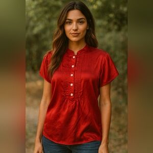 #1420 SoftSurroundings cherry red 100% silk pleated blouse sz L (14-16)